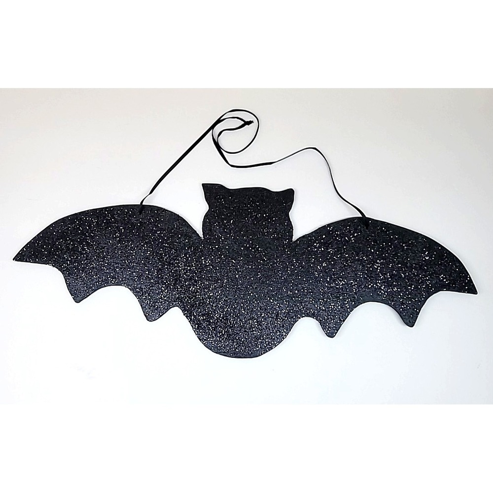 Handmade Wood Black Glitter Bat Wall/Door Hanging Halloween Decor 20.5" x 7.75"